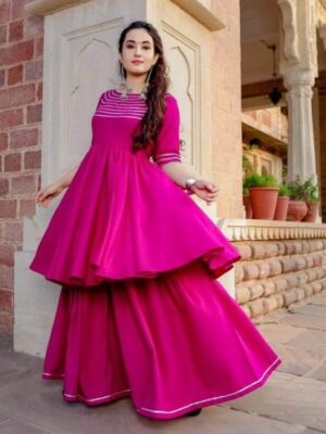 Women'S Hot Pink Lace Detail Stitched Kurti And Pants Set