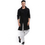 Men'S Black Cotton Flipped Neck Straight Kurta