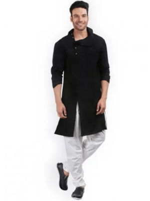 Men'S Black Cotton Flipped Neck Straight Kurta