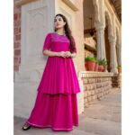 Women'S Hot Pink Lace Detail Stitched Kurti And Pants Set