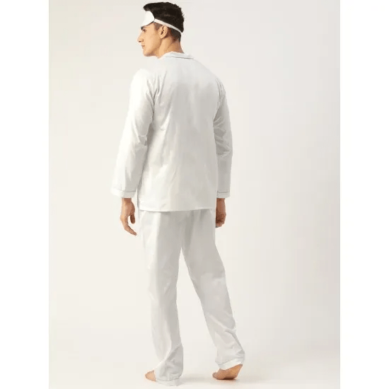 Men'S White Solid Cotton 3 Pieces Sleepwear