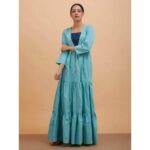 Women'S Sky Blue Cotton Lace Detail Stitched Long Dress