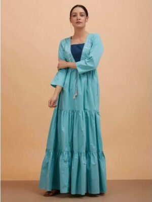 Women'S Sky Blue Cotton Lace Detail Stitched Long Dress