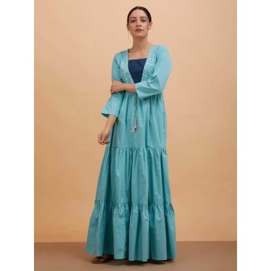 Women'S Sky Blue Cotton Lace Detail Stitched Long Dress