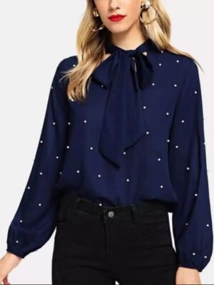 Women'S Pearl Detailed Bow Neck Long Sleeve Tunic