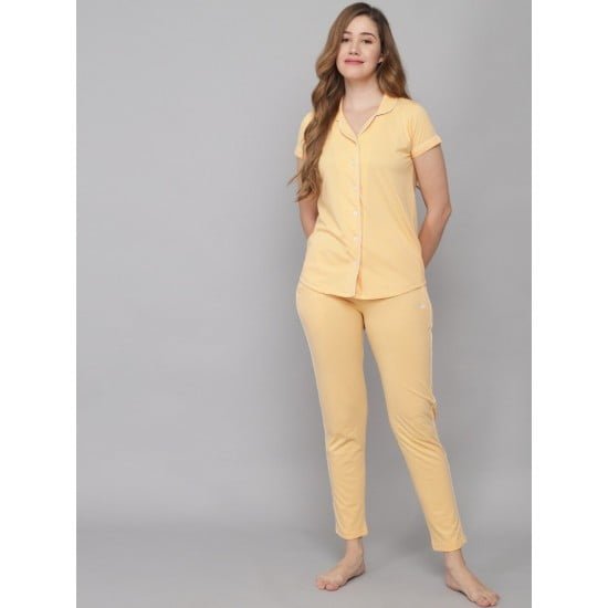 Women's Short Sleeve Solid Shirt Pyjama Sleepwear Set