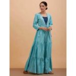 Women'S Sky Blue Cotton Lace Detail Stitched Long Dress