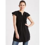 Women'S Black Solid Pleated Cap Sleeve Top