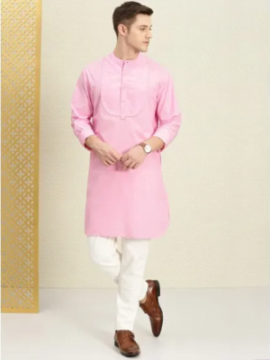 Men'S Pink Cotton Straight Solid Kurta