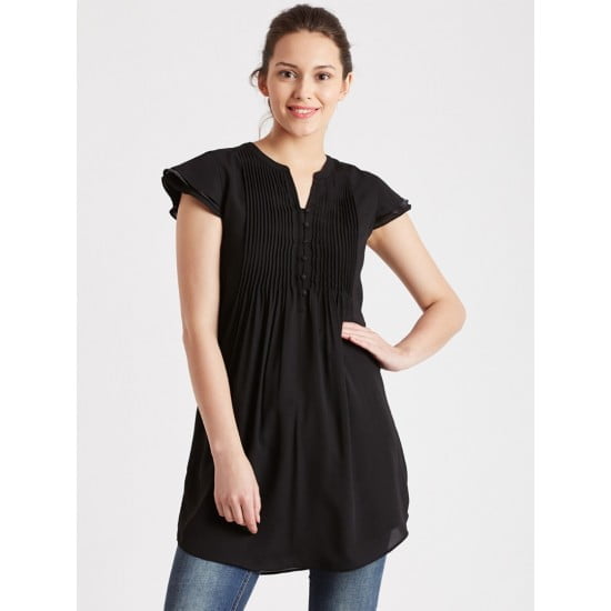 Women'S Black Solid Pleated Cap Sleeve Top