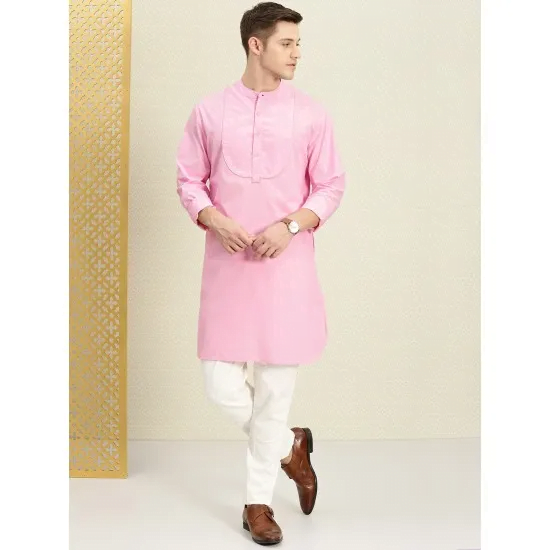 Men'S Pink Cotton Straight Solid Kurta