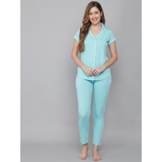 Women's Short Sleeve Solid Shirt Pyjama Sleepwear Set