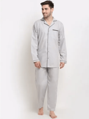 Men'S Grey Solid Cotton Sleepwear Suit