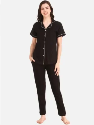 Women's Black Solid Pyjama Sleepwear Set. Sm-805