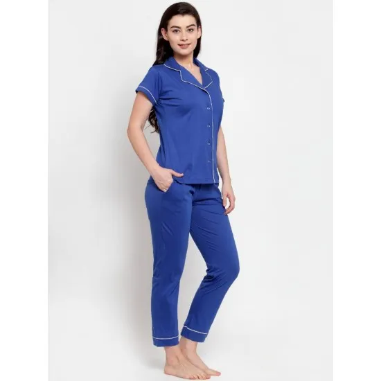 Women's Royal Blue Solid Pyjama Sleepwear Set. Sm-809