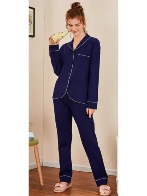 Women'S Navy Cotton Contrast Piping Pj Sleeping Suit. Sm-790