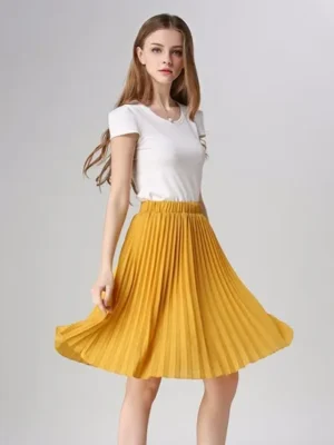 Women'S Yellow Chiffon Pleated Midi Skirt