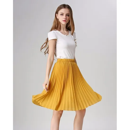 Women'S Yellow Chiffon Pleated Midi Skirt