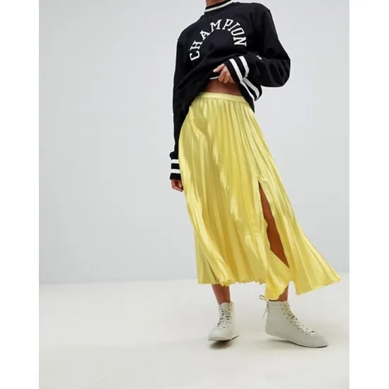 Women'S Yellow Silk Knee Split 3-Quarter Skirt