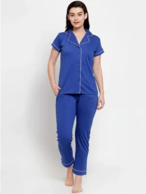 Women's Royal Blue Solid Pyjama Sleepwear Set. Sm-809