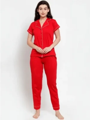 Women's Red Solid Pyjama Sleepwear Set. Sm-808