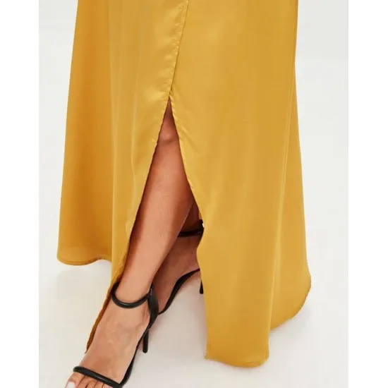 Women'S Yellow Silk Leg Split Long Skirt