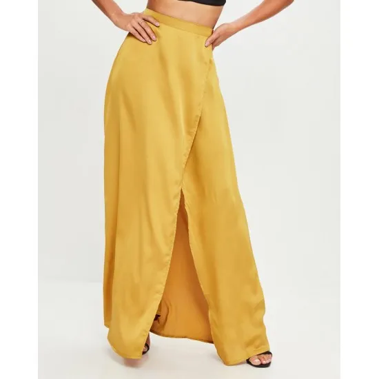 Women'S Yellow Silk Leg Split Long Skirt