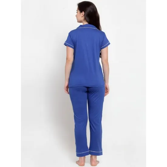 Women's Royal Blue Solid Pyjama Sleepwear Set. Sm-809