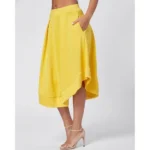 Women'S Yellow Silk Pleated 3-Quarter Skirt