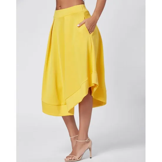 Women'S Yellow Silk Pleated 3-Quarter Skirt