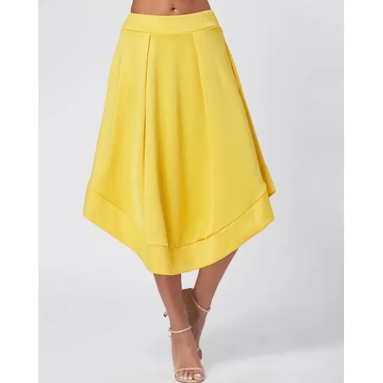 Women'S Yellow Silk Pleated 3-Quarter Skirt