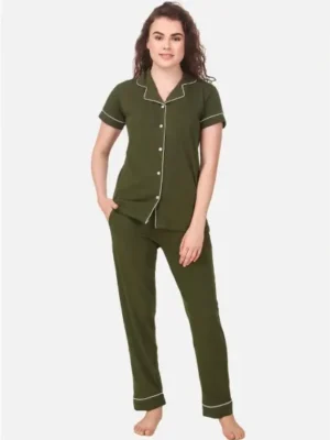 Women'S Army Green Solid Pyjama Sleepwear Set. Sm-804