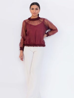 Maroon Elasticated Cuff Organza Top