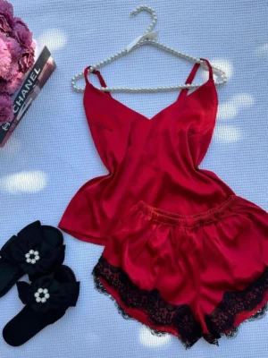 CBZ-Premium Red Satin Lace Camisole & Shorts