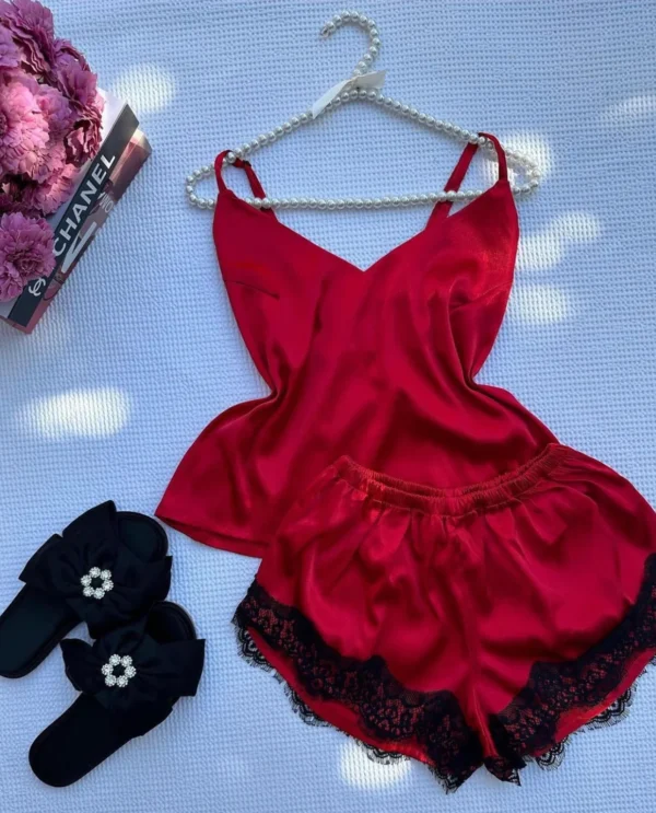 CBZ-Premium Red Satin Lace Camisole & Shorts