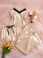 CBZ-Contrast Trim Satin Cami Top & Shorts & Pants PJ Set