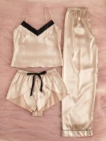 CBZ-Contrast Trim Satin Cami Top & Shorts & Pants PJ Set